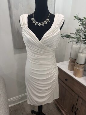 White House Black Market White Ruched V-Neck Midi Dress